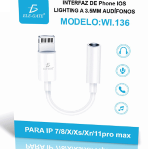 ADAPTADOR tipo IPHONE IOS LIGHTING a HEMBRA 3.5mm para AUDIFONOS