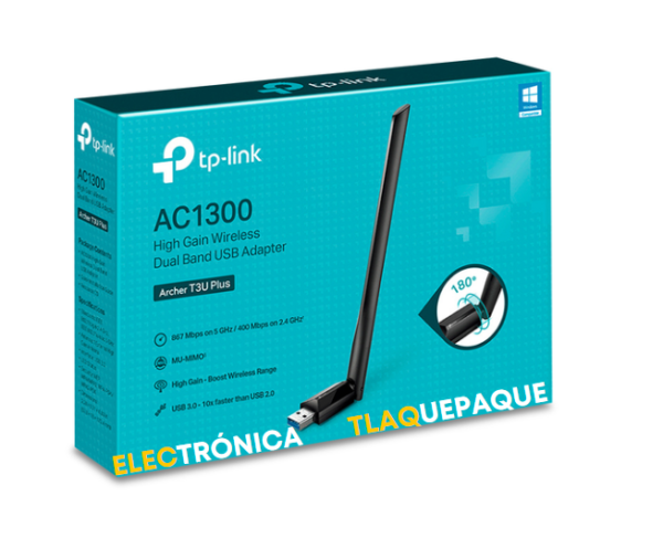 ADAPTADOR WiFi USB INALÁMBRICO TP-Link Archer T3U Plus AC1300 / DOBLE BANDA / NEGRO