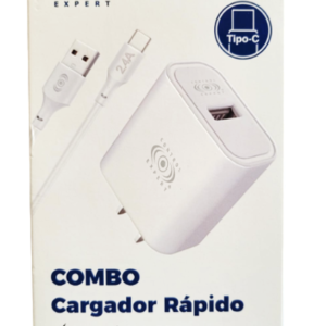COMBO CARGADOR, CARGA RÁPIDA USB a Tipo C 2.4 A, CABLE de 1 Metro (Blanco)