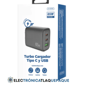 CARGADOR USB 65W, 3 PUERTOS, ENTRADA tipo TURBO, PORTATIL