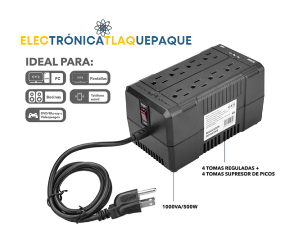 REGULADOR DE VOLTAJE 8 CONTACTOS / 1000kv 500w / USO DOMESTICO / OFICINA / COLOR NEGRO - Image 2