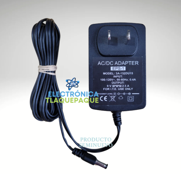 ADAPTADOR DE CORRIENTE 9V – 2.5 AMP / CONECTOR 2.1mm / MODELO. 152du15