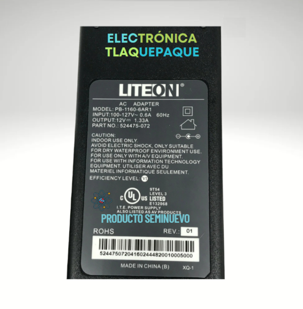 ADAPTADOR DE VOLTAJE 12V – 1.33 AMP, MARCA LiteOn / MODELO: PB-1160-6AR1, CONECTOR 2.1mm - Image 2