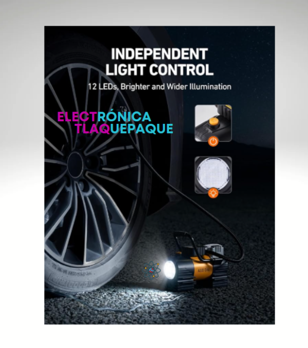 COMPRESOR DE AIRE PORTÁTIL , para AUTO 12V, MOTO (Hasta 150 PSI) con LAMPARA 12 LED´S Super Brillante - Image 3