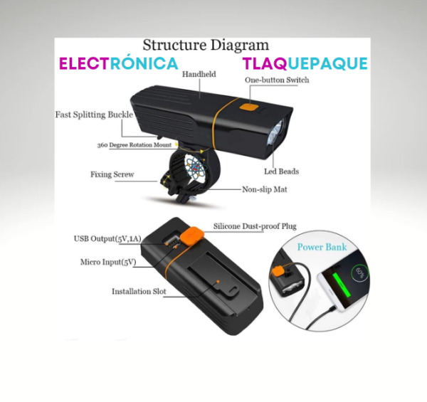 LUCES LED RECARGABLE, DELANTERA Y TRASERA para BICICLETA, 1000 LUMENES, IMPERMEABLE // MODELO. B08XDT - Image 6