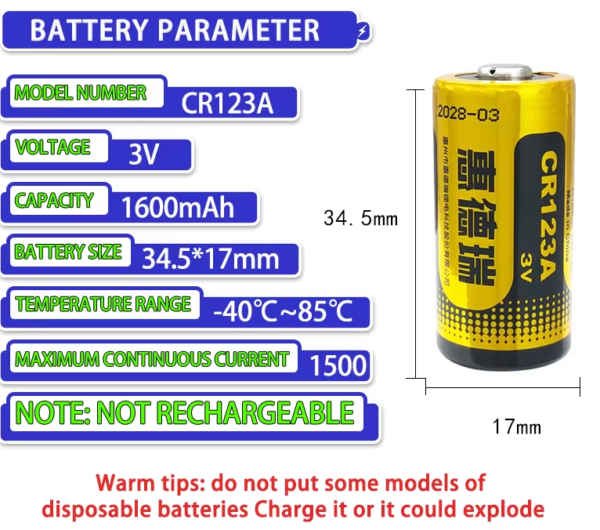 BATERÍA DE LITIO 3.0V, MARCA HUIDERUI, MODELO. CR-123A / (Paquete de 2) - Image 2