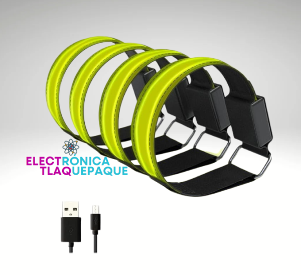 PULSERA LED RECARGABLE, CONEXIÓN USB, BANDA REFLEJANTE, AJUSTABLE (4Pzas)