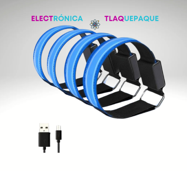 PULSERA LED RECARGABLE, CONEXIÓN USB, BANDA REFLEJANTE, AJUSTABLE (4Pzas)