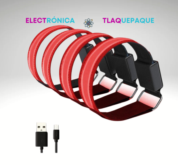 PULSERA LED RECARGABLE, CONEXIÓN USB, BANDA REFLEJANTE, AJUSTABLE (4Pzas)