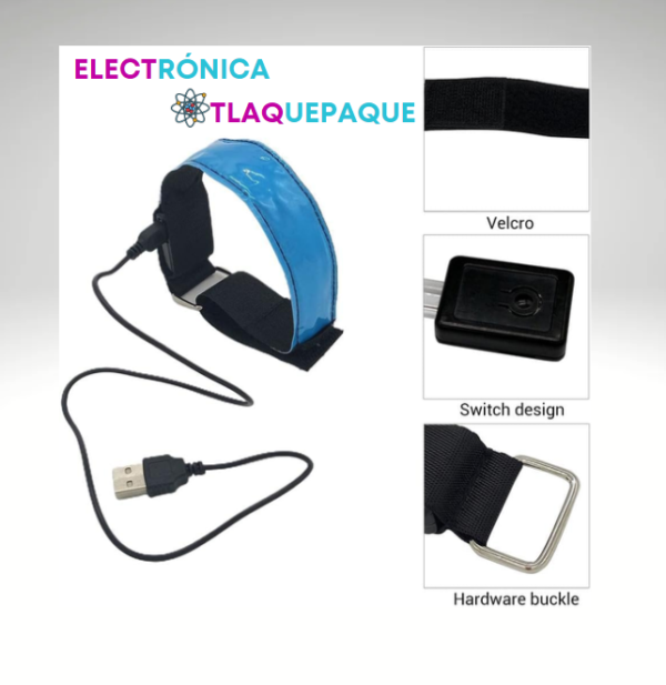 PULSERA LED RECARGABLE, CONEXIÓN USB, BANDA REFLEJANTE, AJUSTABLE (4Pzas) - Image 2