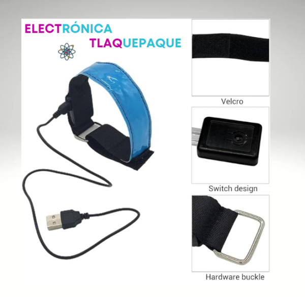 PULSERA LED RECARGABLE, CONEXIÓN USB, BANDA REFLEJANTE, AJUSTABLE (4Pzas) - Image 2