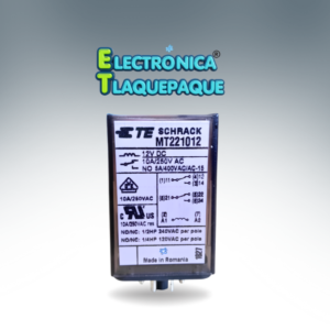 RELEVADOR ELECTROMECÁNICO INDUSTRIAL SCHRACK, 12V DC, 8 PINES (Base Octal), 10A, 2 POLOS (DPDT) / MODELO.  MT221012